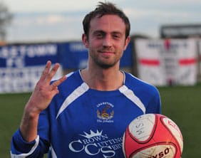Chasetown's Dave Egan celebrates his hat-trick against Mickleover Sports. Pic: Dave Birt