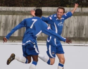 Chasetown's Dave Egan celebrates with Ramone Stephens. Pic: Dave Birt
