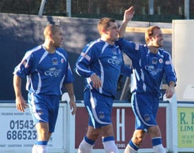 Dave Egan celebrates his goal with Gary Hay and Gary Birch. Pic: Dave Birt