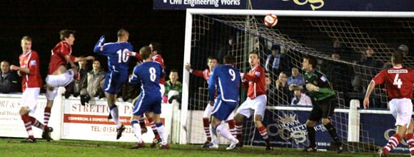 Gary Hay opens the scoring for Chasetown against Workington. Pic: Dave Birt