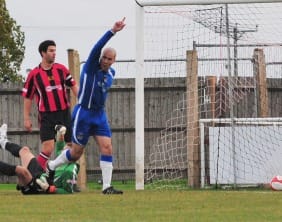 Chasetown's Gary Hay reels away after scoring. Pic: Dave Birt