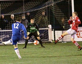 Chasetown's Grant Ryan fires home the fourth goal. Pic: Dave Birt