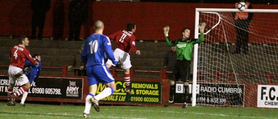 Ben Jevons hits the bar as Chasetown go close to breaking the deadlock. Pic: Dave Birt