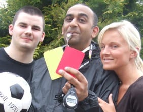 Referee James Wilson with Stephanie Bullock and Sunny Mahal from Leisure Leagues