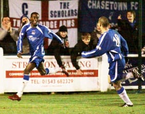 Ramone Stephens celebrates his goal for Chasetown. Pic: Dave Birt
