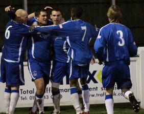 Chasetown players celebrate Gary Birch's goal. Pic: Dave Birt