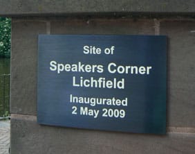 The plaque at Speakers' Corner in Lichfield