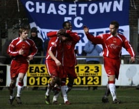 Chasetown players celebrate Ramone Stephens' goal. Pic: Dave Birt
