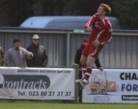 Ben Jevons jumps for joy after making it 3-1. Pic: Dave Birt