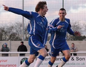 chris-peel-celebrates-1-0 Chris Peel with Chasetown FC team-mate Richard Davies. Pic: Dave Birt