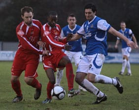 Chris Slater and Ramone Stephens go after the ball. Pic: Dave Birt