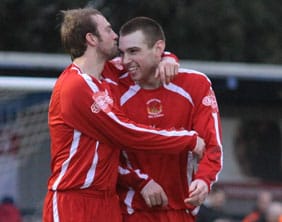 Dave Egan plants a smacker on opening goalscorer Richard Davies. Pic: Dave Birt