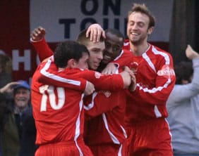 Richard Davies is congratulated by his team-mates. Pic: Dave Birt