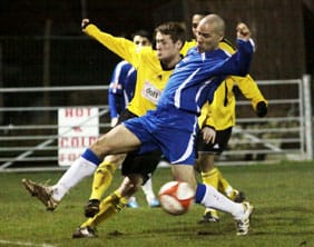 Chasetown's Gary Hay puts a Hucknall defender under pressure. Pic: Dave Birt