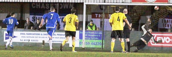 Dean Perrow's penalty finds the back of the net against Hucknall Town. Pic: Dave Birt