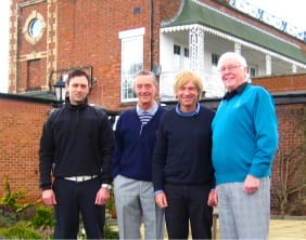 Mike Raj, Trevor Ashforth, Michael Fabricant and John Tipper outside Whittington Heath Golf Club's historic clubhouse