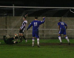 Lee Parsons makes it 3-0. Pic: Dave Birt