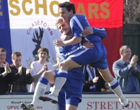 Ben Jevons celebrates his goal with Danny Smith. Pic: Dave Birt