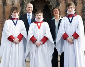 Mathias Hofmann and Fiona Stuart with Lichfield Cathedral choristers Philip Loosemore, Daniel Walker and Robert McIntosh Mathias Hofmann and Fiona Stuart with Lichfield Cathedral choristers Philip Loosemore, Daniel Walker and Robert McIntosh