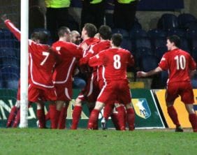 Chasetown FC's players celebrate the equaliser. Pic: Dave Birt