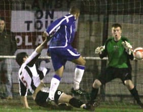 chris-morris-scores-on-his-debut-1-0 Chris Morris opens the scoring on his Chasetown debut. Pic: Dave Birt