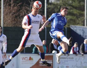 Danny Smith challenges in the air. Pic: Dave Birt