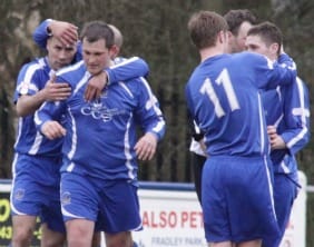 Chasetown players celebrate Gary Hay's goal. Pic: Dave Birt