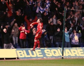 Ben Jevons celebrates in front of the Chasetown fans. Pic: Dave Birt