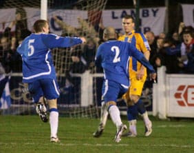 Jimmy Turner celebrates scoring Chasetown's equaliser. Pic: Dave Birt