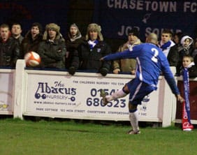 Jimmy Turner whips in the free-kick to make it 1-1. Pic: Dave Birt