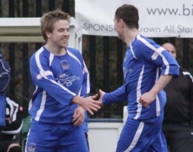 John Branch is congratulated on his goal. Pic: Dave Birt