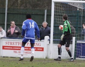 The Frickley keeper watches John Branch's effort find the net. Pic: Dave Birt