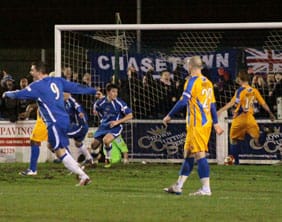 Chasetown players celebrate as Jimmy Turner's free-kick finds the net. Pic: Dave Birt