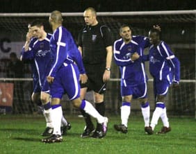 Chasetown's players celebrate Chris Morris' goal. Pic: Dave Birt