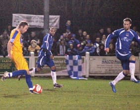 Paul Connor drives home Mansfield Town's opening goal. Pic: Dave Birt