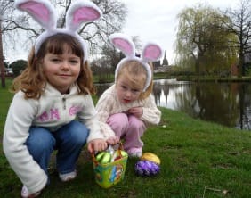 Sophie Hogg and Sineade Downey get ready for the Easter egg trail