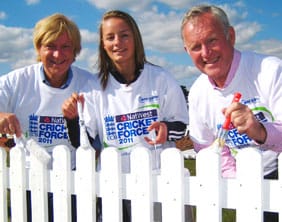 Whittington-Cricket-Club--19.3.11 Michael Fabricant MP, Danielle Wyatt and Dennis Amiss give the fence a new coat of paint