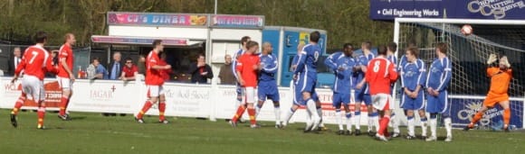Alex Callery puts Stocksbridge Park Steels 1-0 up against Chasetown FC. Pic: Dave Birt