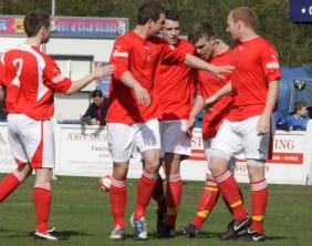 Stocksbridge Park Steels' Andy Ring celebrates his goal. Pic: Dave Birt