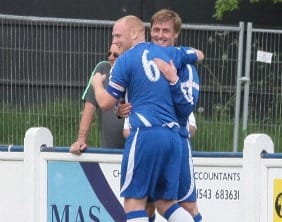 Ben Jevons celebrates scoring Chasetown's opener. Pic: Dave Birt