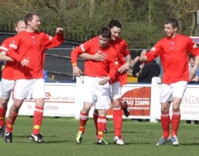 Alex Callery celebrates his goal against Chasetown. Pic: Dave Birt