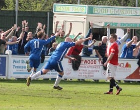 Chasetown's players celebrate Mark Branch's goal. Pic: Dave Birt