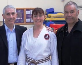 Gaynor Webb with KUGB Chief Instructor Sensei Sherry 8th Dan and Sensei Higgins 7th Dan
