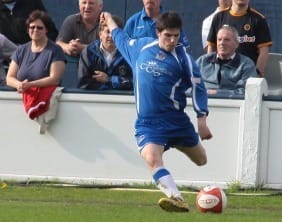 Mark Branch strikes Chasetown second goal against FC United of Manchester. Pic: Dave Birt