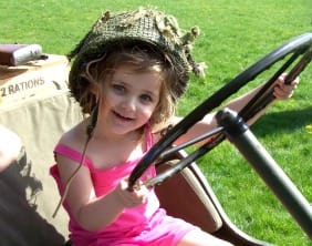 Millie Almond tries out a jeep