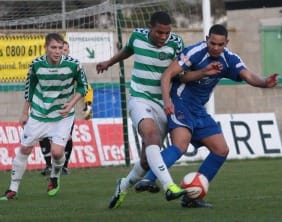 Chasetown striker Chris Morris battles for the ball. Pic: Dave Birt