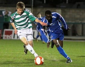 Ramone Stephens tries to get around the outside of a Northwich defender. Pic: Dave Birt
