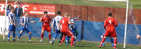 Chasetown take the lead against Frickley as Richard Davies finds the net. Pic: Dave Birt