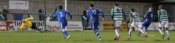 Richard Teesdale puts Chasetown level from the penalty spot. Pic: Dave Birt