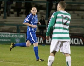 Richard Teesdale heads back after scoring the equaliser for Chasetown. Pic: Dave Birt